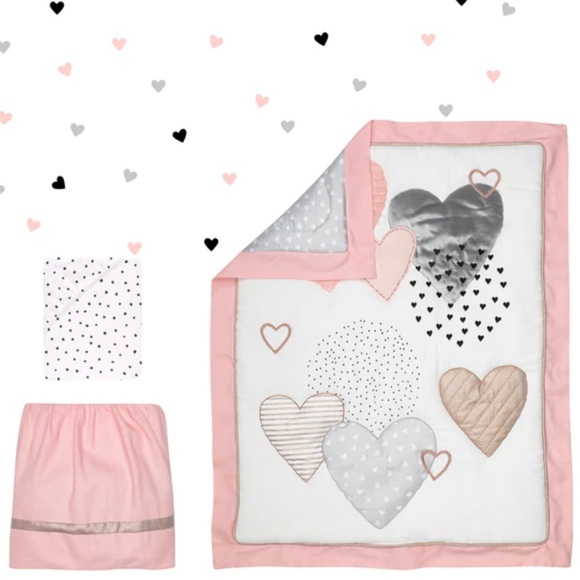 Lambs & Ivy -Heart to Heart Pink/Grey/White 4 Piece Baby Crib Bedding Set - Picture 2 of 6